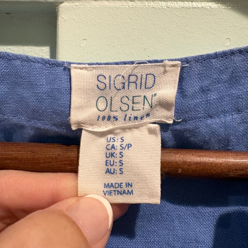 Sigrid Olsen Linen Shift Dress Womens Small Blue Sleeveless V-Neck Contrast Trim - Picture 3 of 11